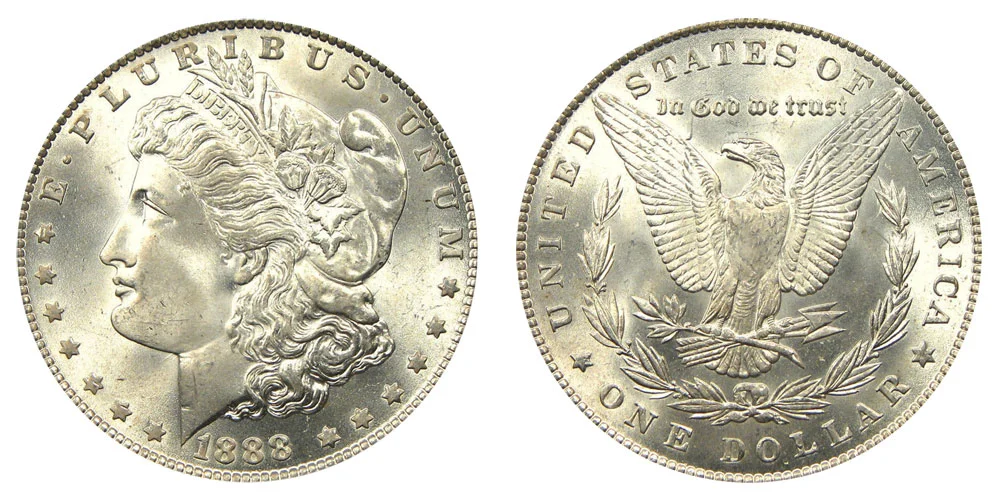 1888 Morgan silver dollar obverse and reverse showing Liberty head and eagle design