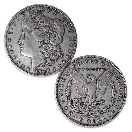 1888 Morgan dollar grading strip showing four condition levels from worn to gem mint state side by side