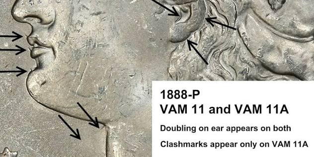 1888 Philadelphia Morgan dollar Doubled Ear VAM-11 showing secondary ear relief close-up