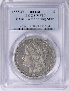 1888-O Shooting Star VAM-7A Morgan dollar showing die gouge streak in obverse field