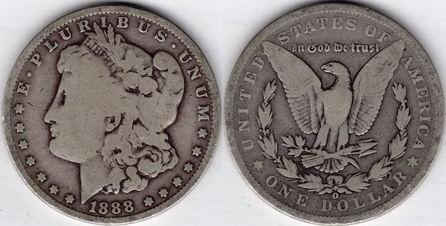 Historical view of 1880s mint facility or group of 1888 Morgan silver dollars from Philadelphia, New Orleans, and San Francisco